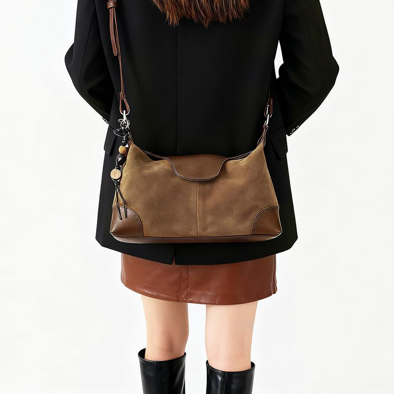 Stylish Hobo Bag with Premium Nubuck Leather Adjustable Strap - Gold and Brown Colorblock Design