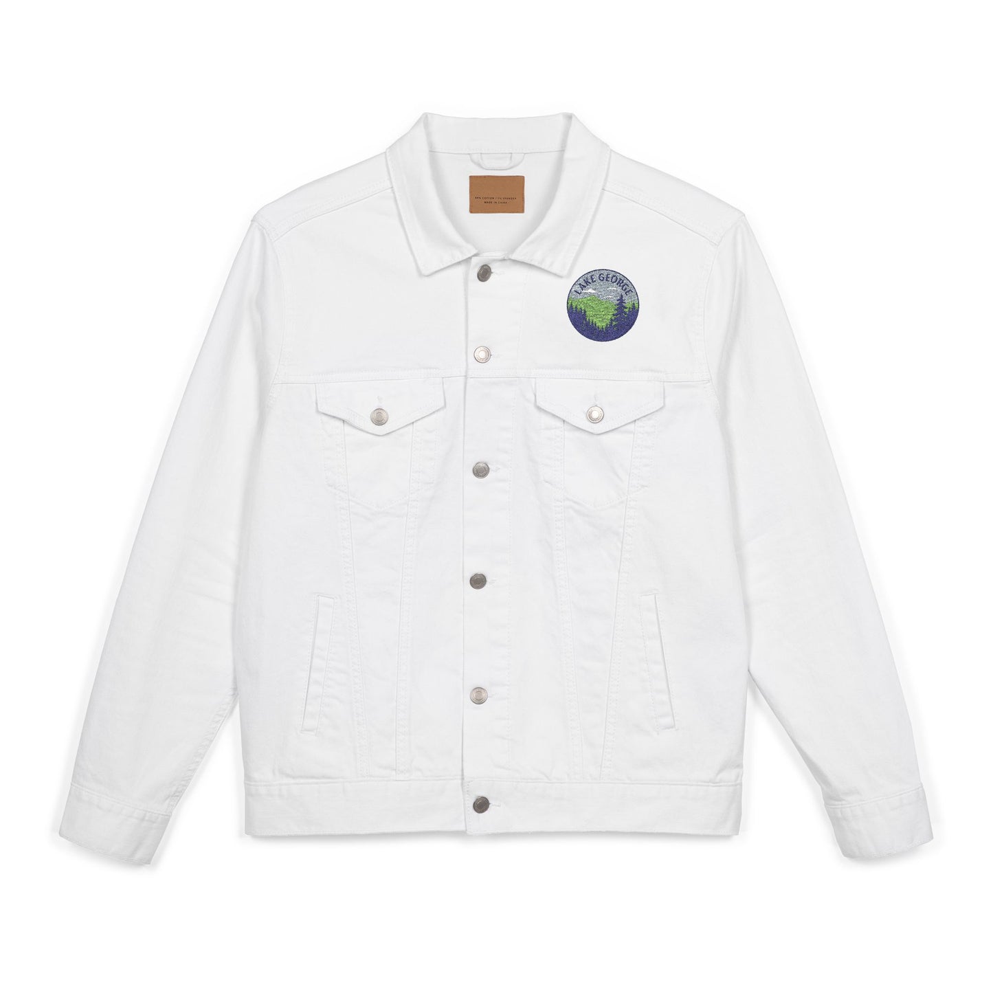 Lake George Unisex Embroidered Denim Jacket - Trendy Fall Fashion, Casual Layering, Everyday Wear, Stylish Gift, Unique Statement Piece