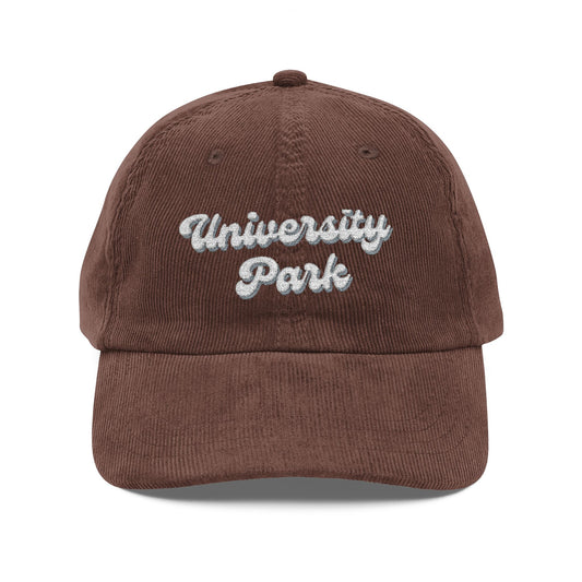 University Park Vintage Corduroy Cap, Retro Fashion Hat, Cool Embroidered Cap, Casual Summer Accessory, Gift for Trendsetters