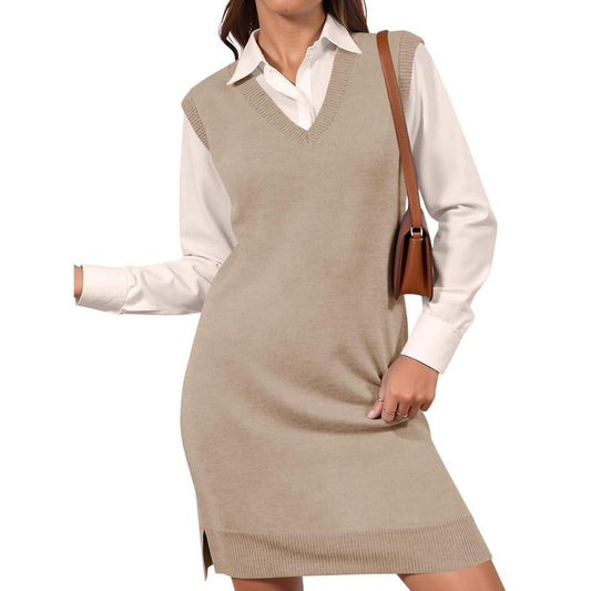 Lannew Womens Sleeveless Sweater Vest Dress Casual Chunky Knit V Neck Loose Slit Fall Tank Midi Dresses