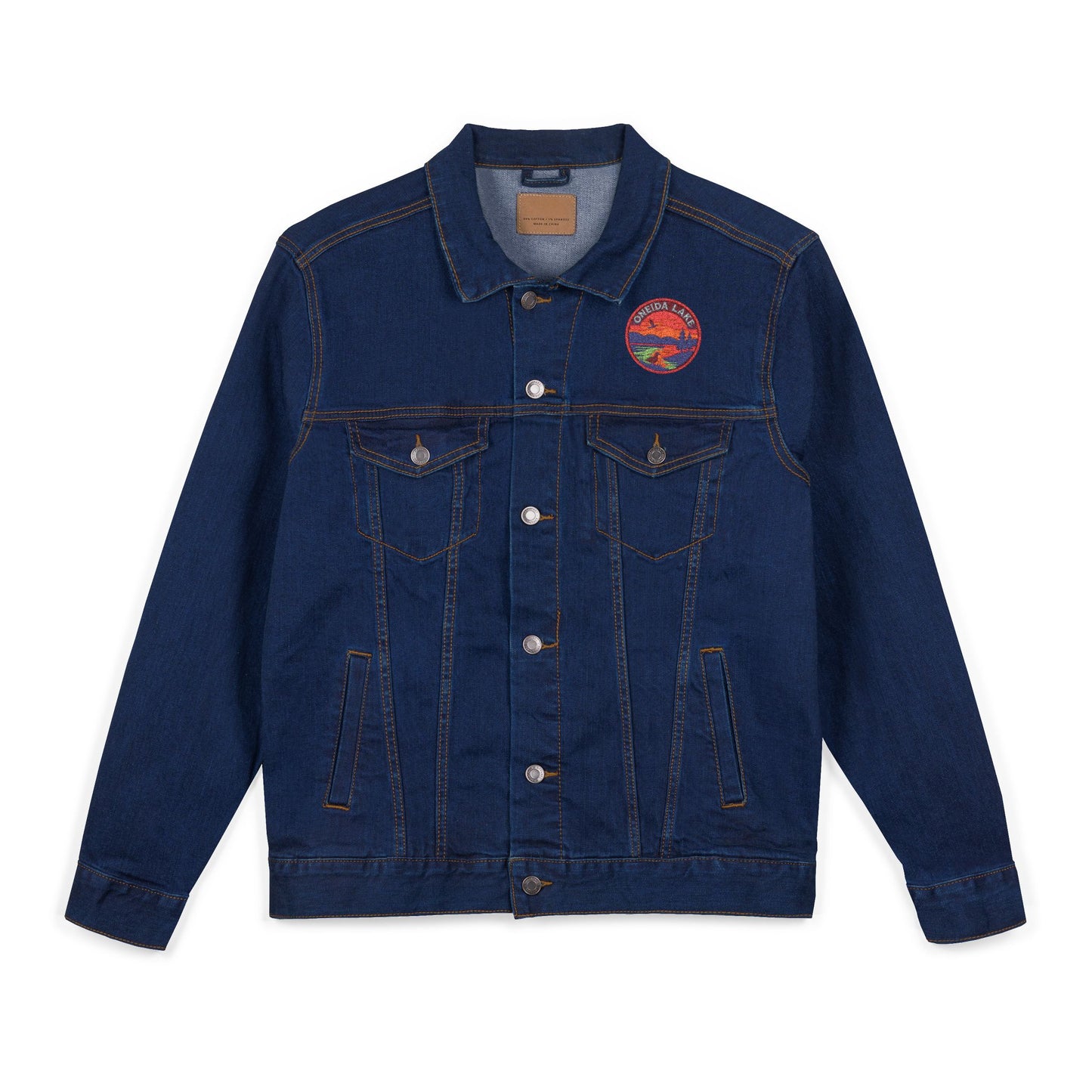 Oneida Lake Unisex Embroidered Denim Jacket - Trendy Fall Fashion, Casual Layering, Everyday Wear, Stylish Gift, Unique Statement Piece