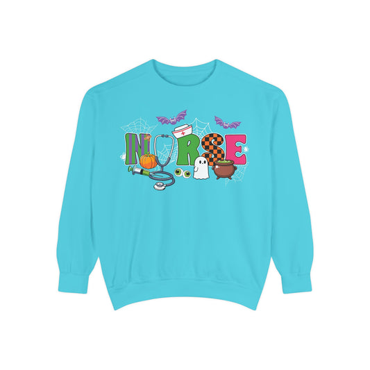 Halloween Nurse Sweatshirt, Spooky Medical Apparel, Unisex Garment-Dyed Hoodie, Nurse Gift, Fall Fashion Sweatshirt
