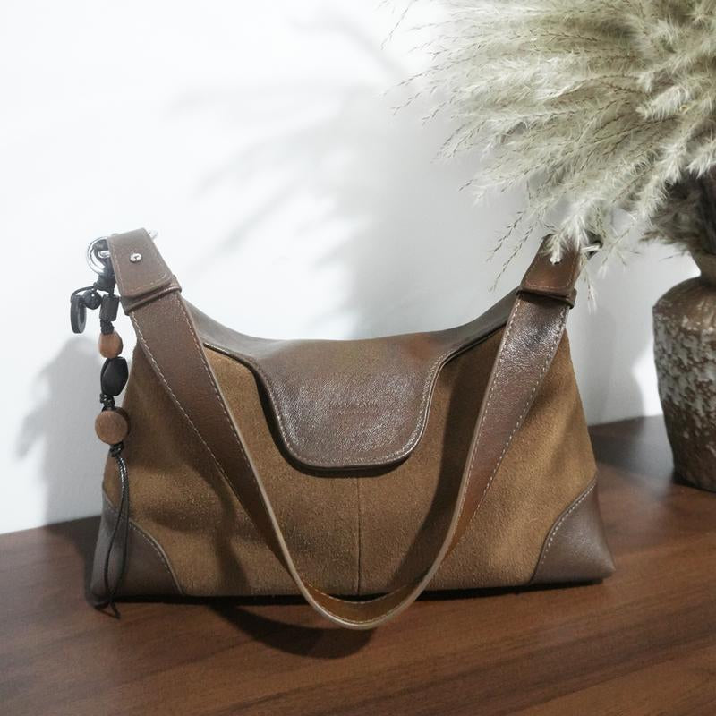 Stylish Hobo Bag with Premium Nubuck Leather Adjustable Strap - Gold and Brown Colorblock Design