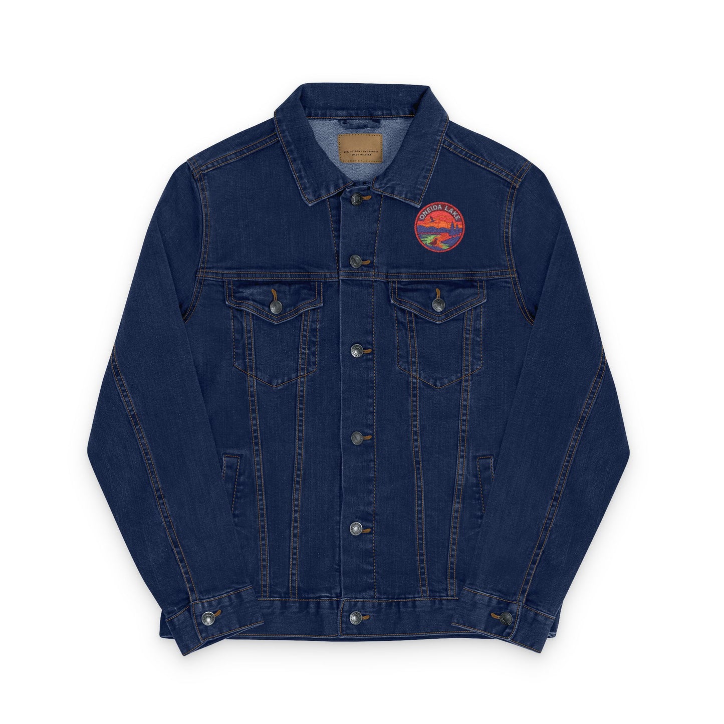 Oneida Lake Unisex Embroidered Denim Jacket - Trendy Fall Fashion, Casual Layering, Everyday Wear, Stylish Gift, Unique Statement Piece