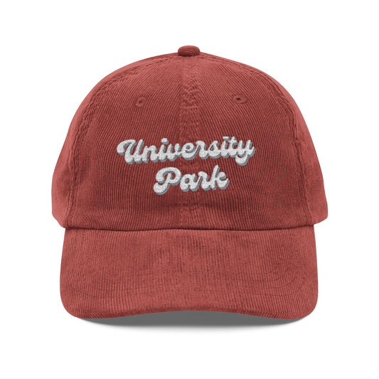 University Park Vintage Corduroy Cap, Retro Fashion Hat, Cool Embroidered Cap, Casual Summer Accessory, Gift for Trendsetters