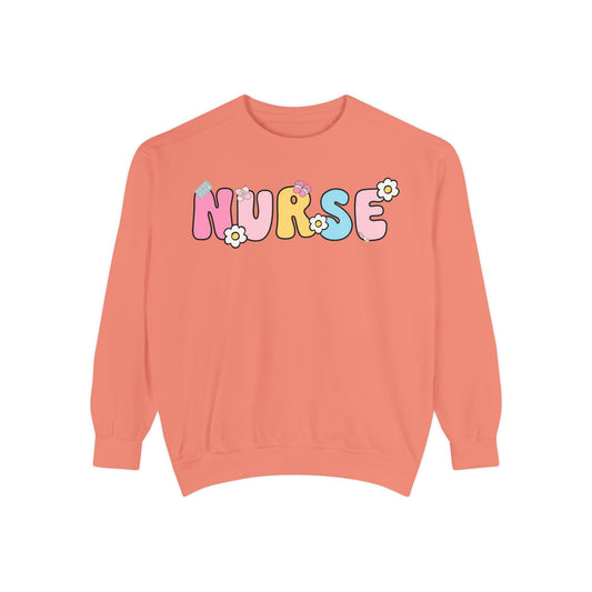Nurse Sweatshirt, Unisex Garment-Dyed Pullover, Gift for Nurses, Cozy Medical Apparel, Flower Power Sweatshirt, Nursing School