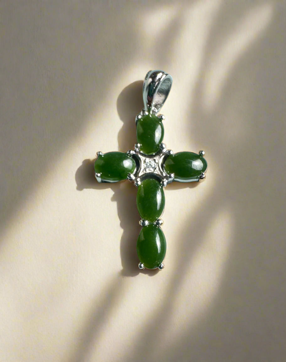 Dark Green Jade and Silver Cross Pendant - 4134