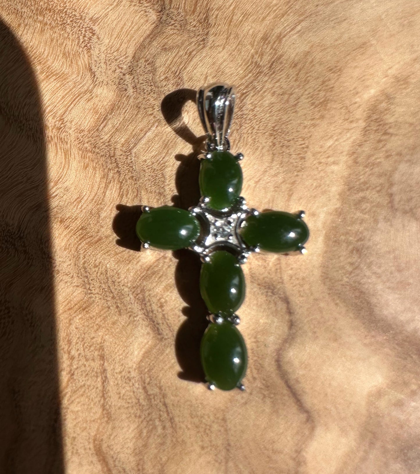 Dark Green Jade and Silver Cross Pendant - 4134