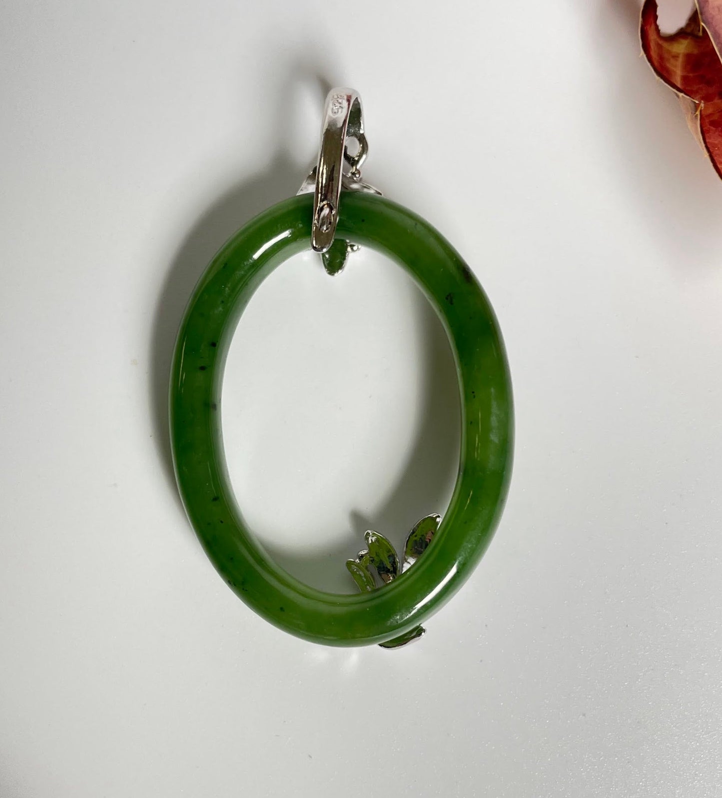 Jade Sterling Silver Oval Pendant, 35mm