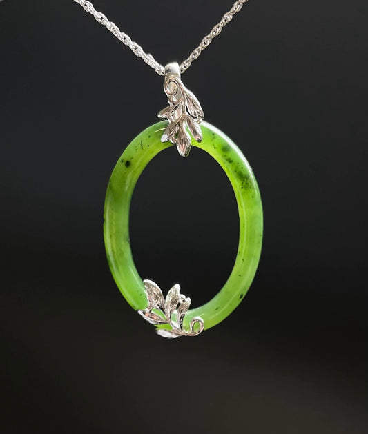 Jade Sterling Silver Oval Pendant, 35mm