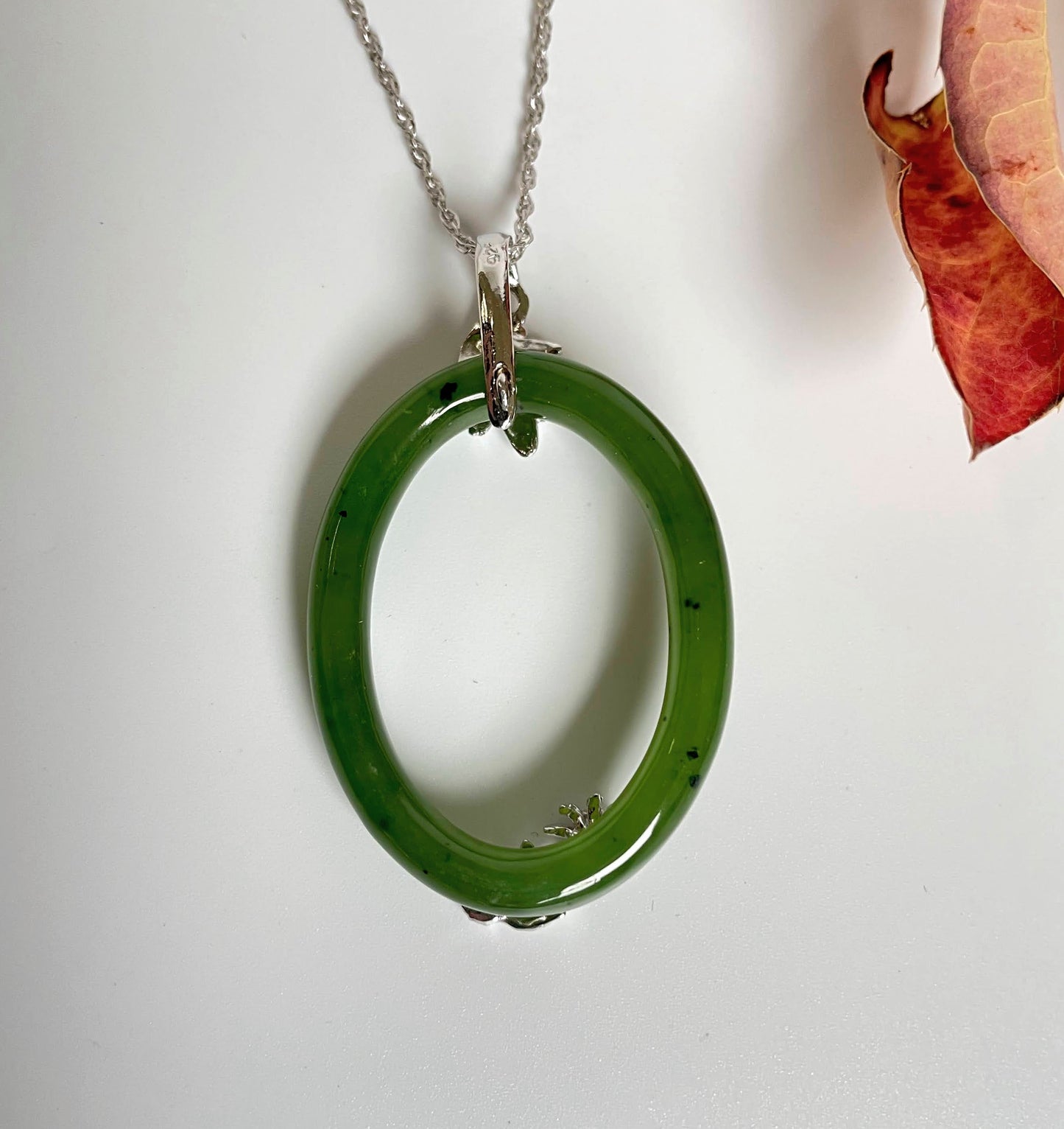 Jade Sterling Silver Oval Pendant, 35mm