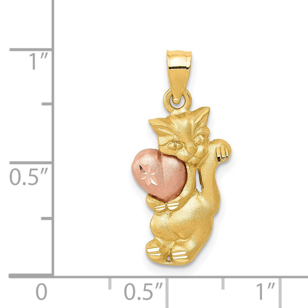 14k Yellow and Rose Gold Satin Cat and Pink Heart Pendant