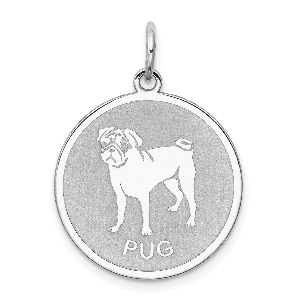 Sterling Silver Laser Etched Pug Dog Pendant, 19mm