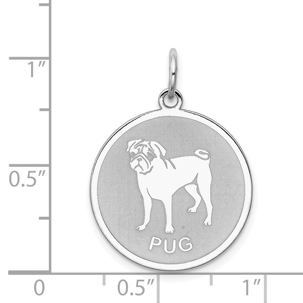 Sterling Silver Laser Etched Pug Dog Pendant, 19mm