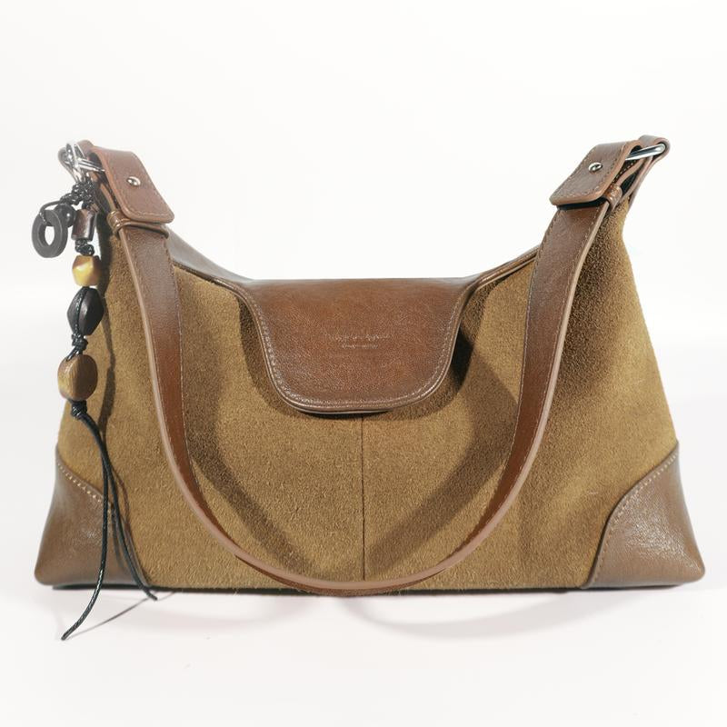 Stylish Hobo Bag with Premium Nubuck Leather Adjustable Strap - Gold and Brown Colorblock Design