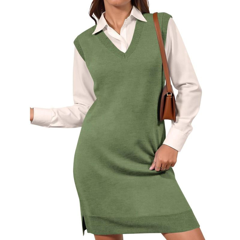 Lannew Womens Sleeveless Sweater Vest Dress Casual Chunky Knit V Neck Loose Slit Fall Tank Midi Dresses