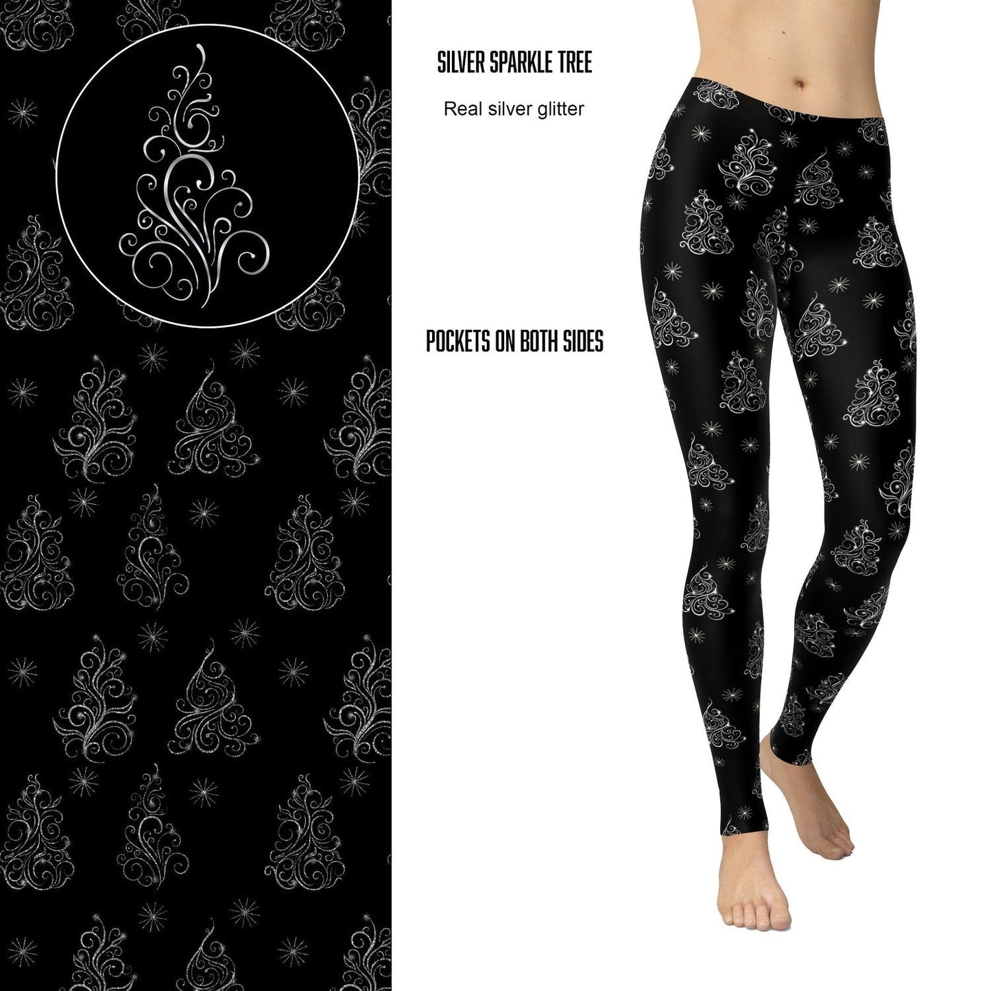 Christmas Tree Glitter Leggings with Pockets  and Heat Sealed Real Silver Glitter - Ready to Ship