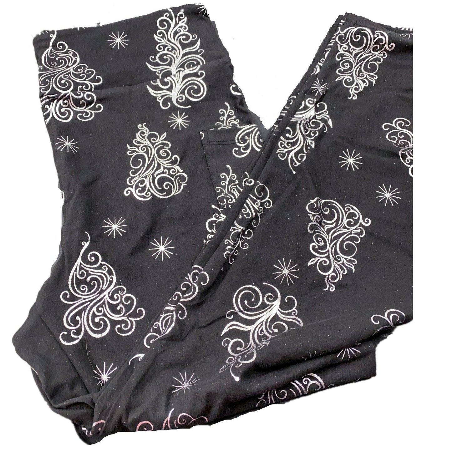 Christmas Tree Glitter Leggings with Pockets  and Heat Sealed Real Silver Glitter - Ready to Ship