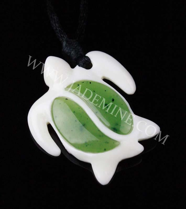 Pendant, Sea Turtle Bone and Jade