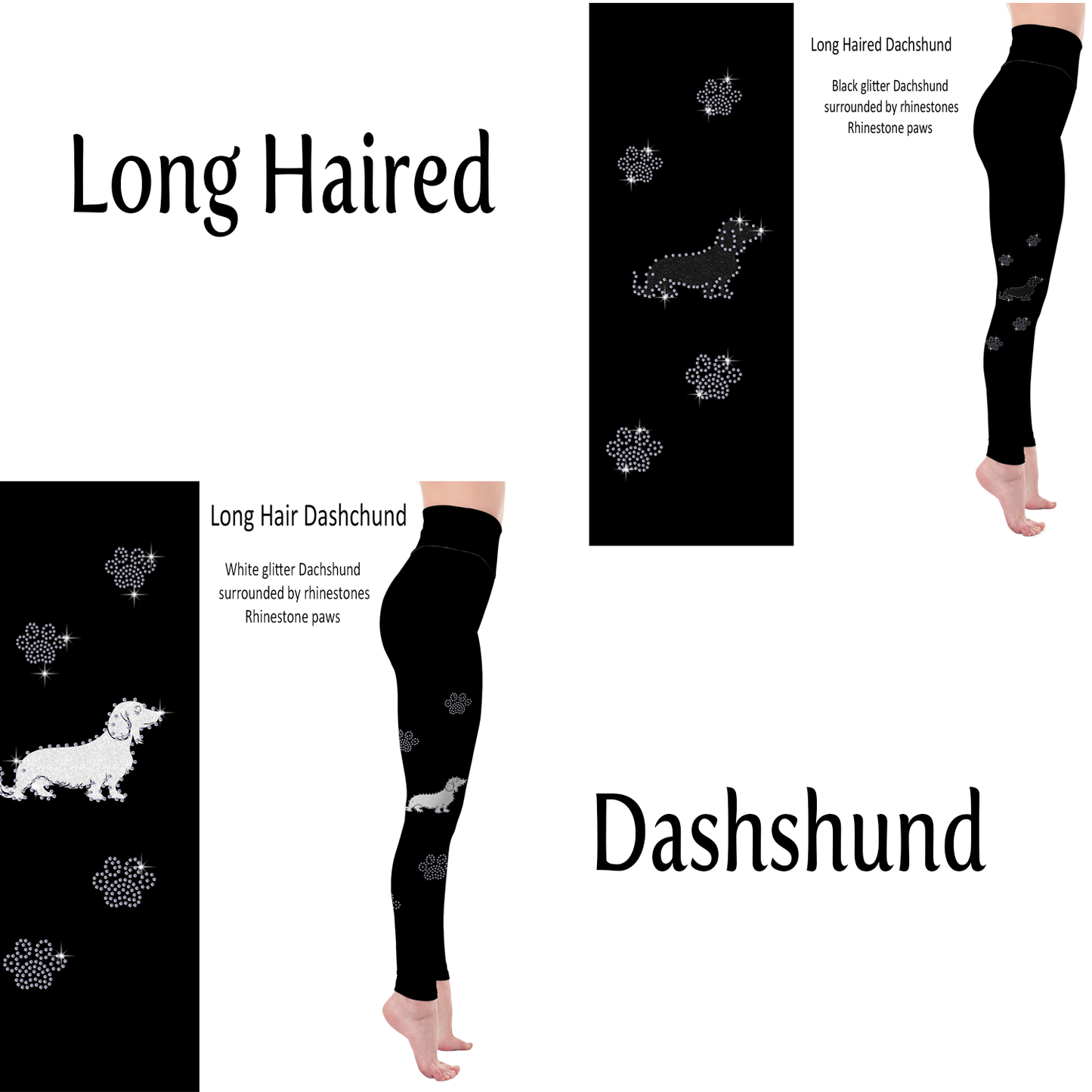 Long Haired Dachshund Rhinestone Leggings with Pockets - White or Black Glitter