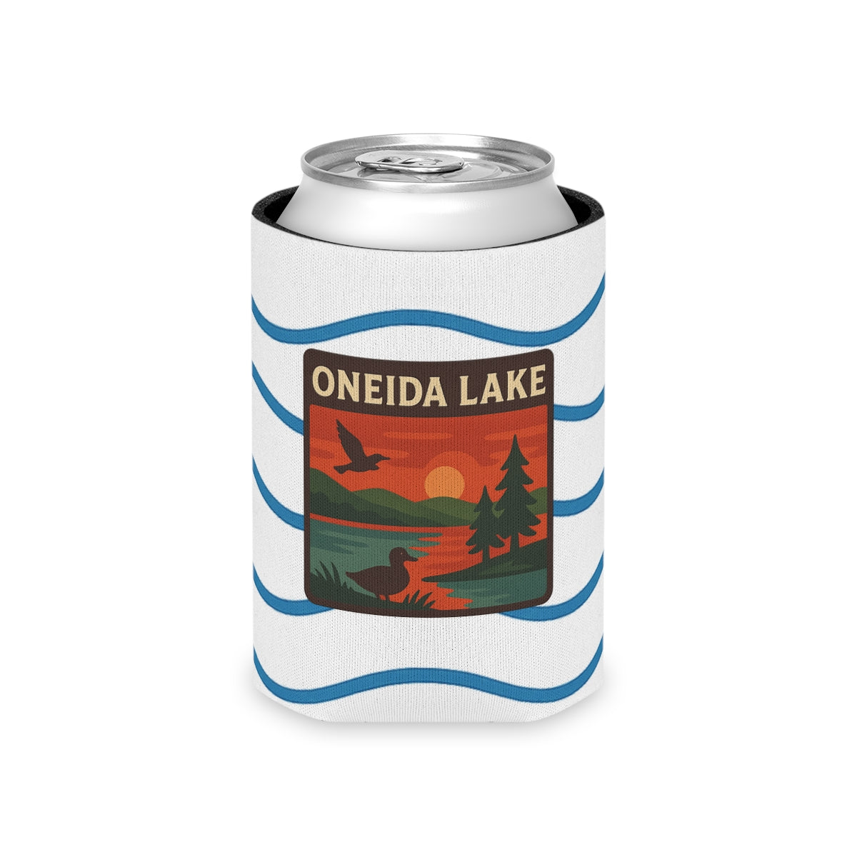 Oneida Lake Can Cooler | Vintage Lake House Drink Holder, Outdoor Party Favor, Moose Design, Camping Gear, Summer BBQ Essential
