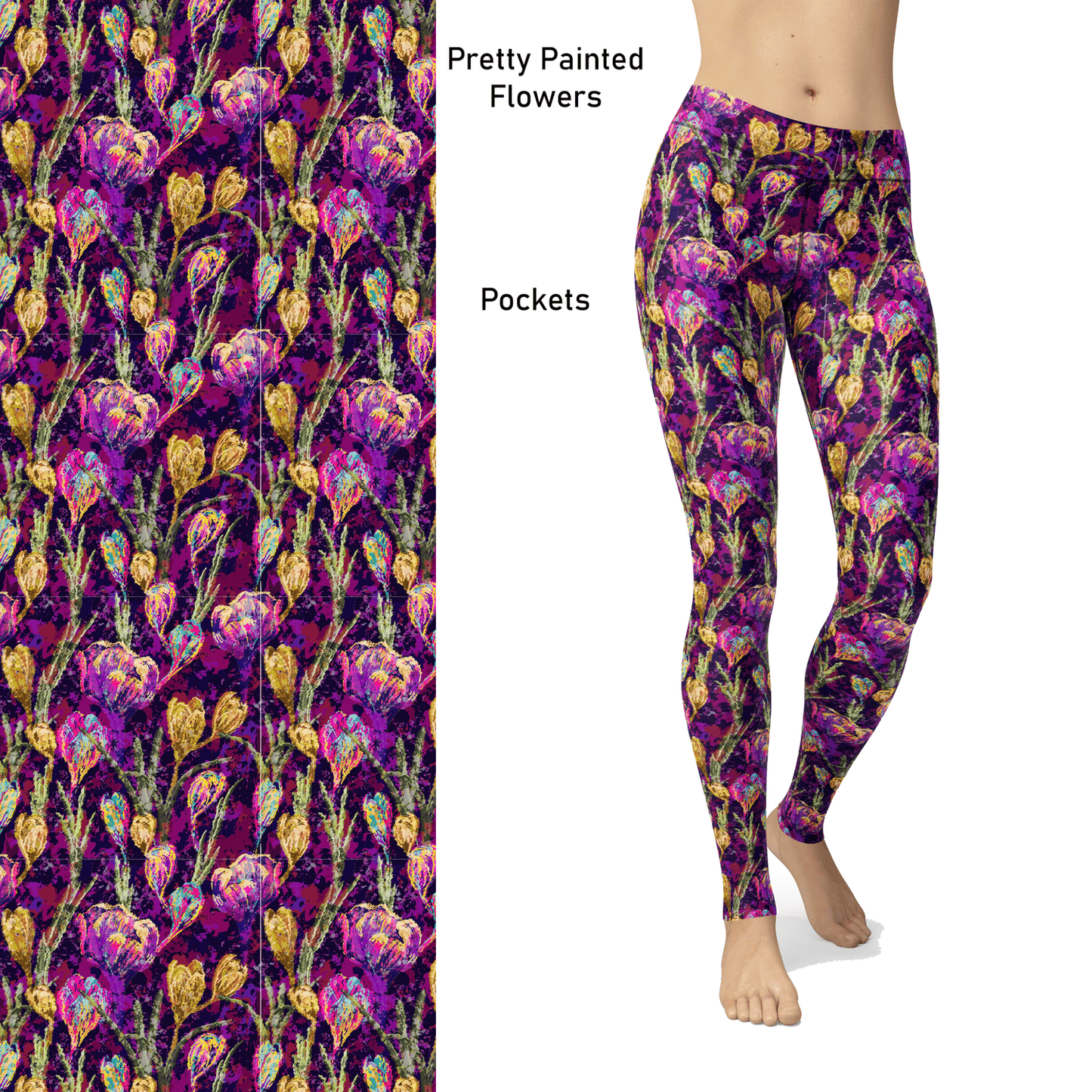 Pretty Painted Flowers  Leggings with Pockets