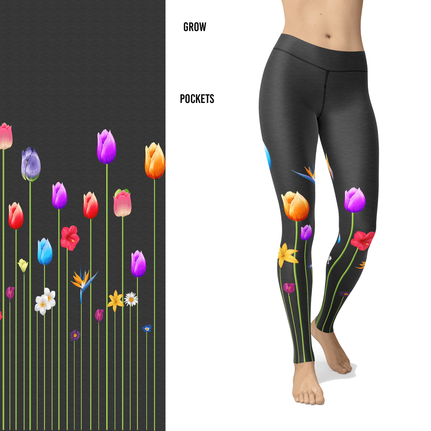 Flower Leggings with Tulips, Daisy, Lilly on a Gray Textured Background with Pocket