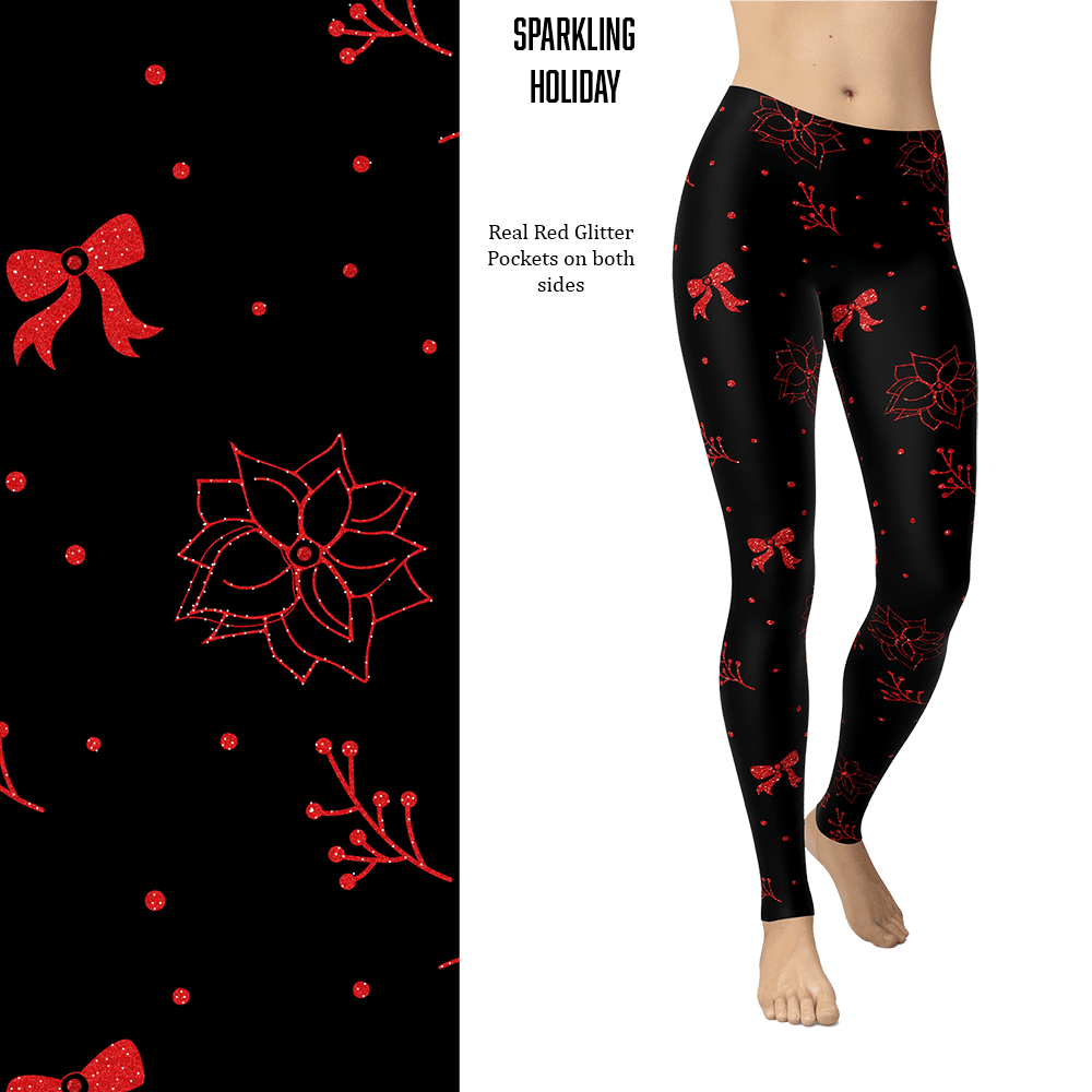 Red Glitter Poinsettia , Bow, Holiday Berry Holiday Leggings with Pockets