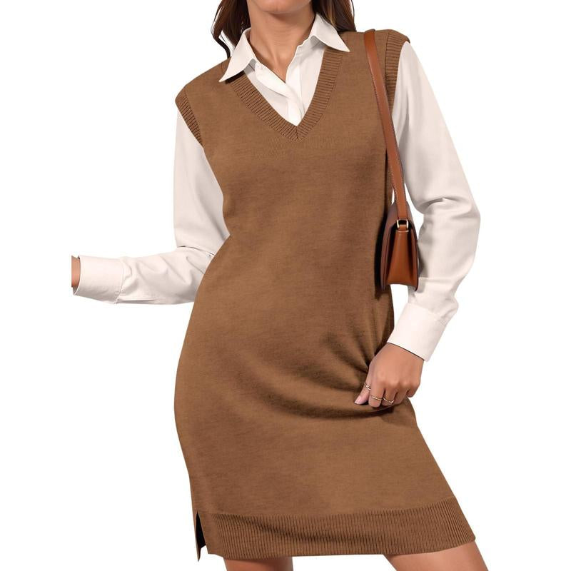 Lannew Womens Sleeveless Sweater Vest Dress Casual Chunky Knit V Neck Loose Slit Fall Tank Midi Dresses