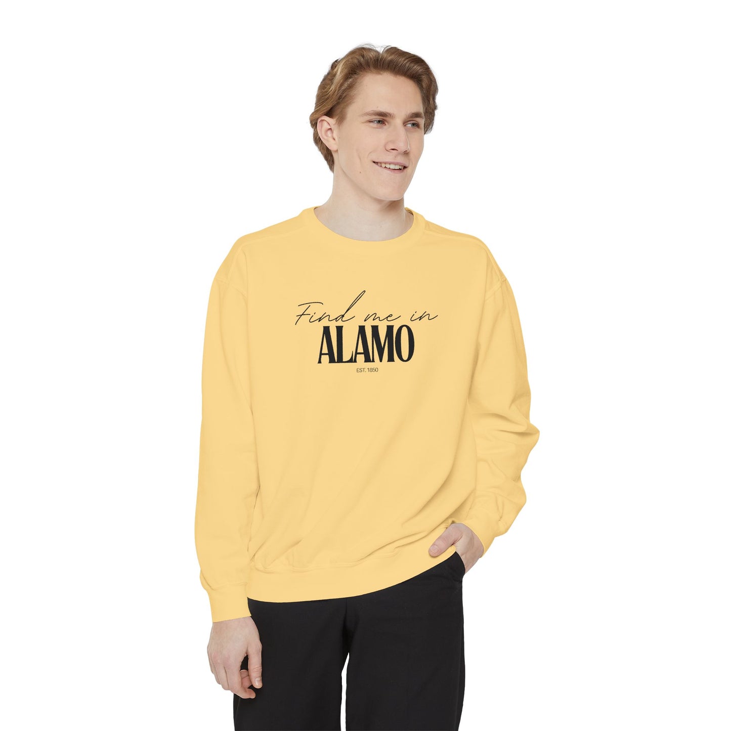 Alamo Cozy Sweatshirt, Unisex Garment-Dyed Crew, Casual Wear, Gift for Friends, Fall Fashion, Lounge Style