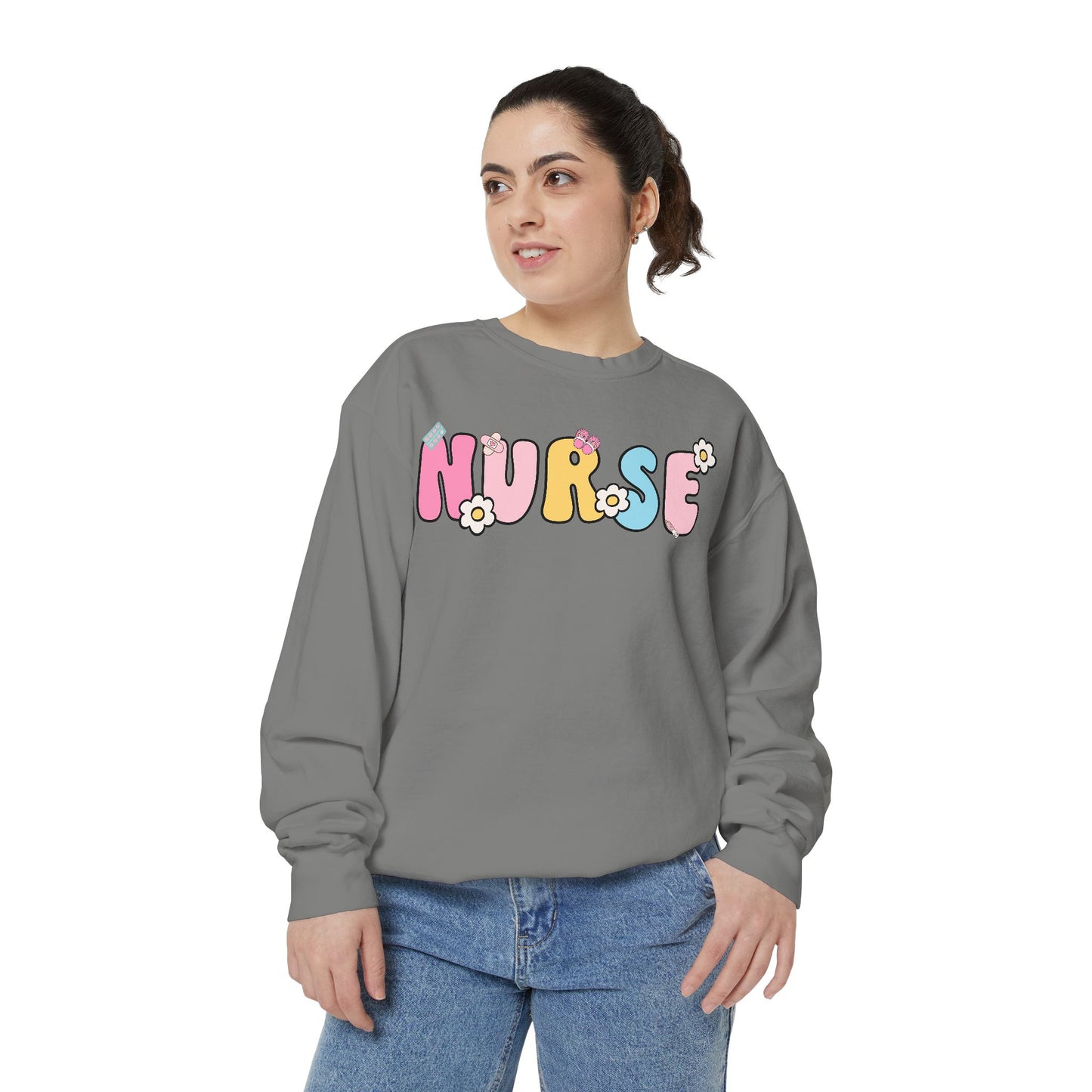 Nurse Sweatshirt, Unisex Garment-Dyed Pullover, Gift for Nurses, Cozy Medical Apparel, Flower Power Sweatshirt, Nursing School