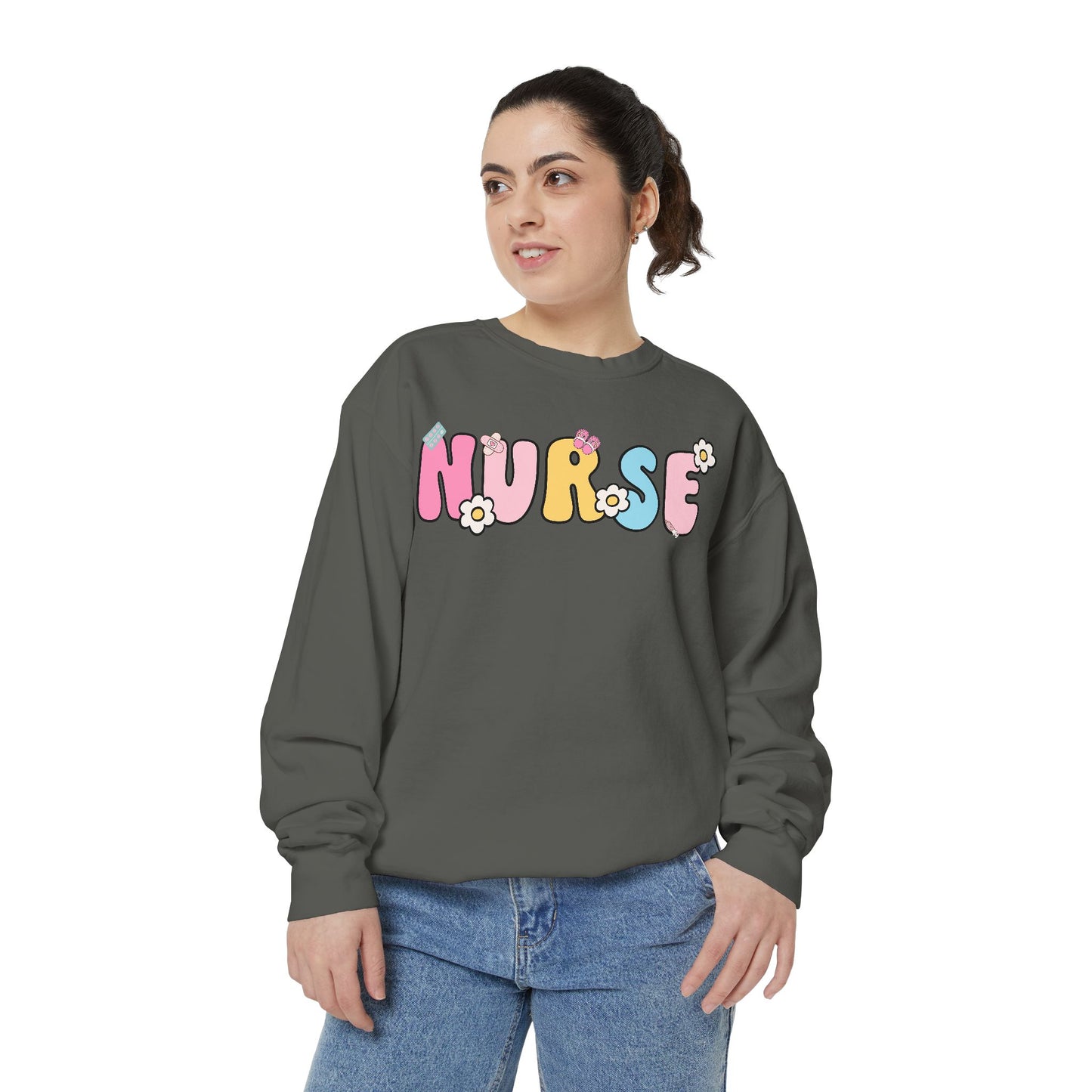 Nurse Sweatshirt, Unisex Garment-Dyed Pullover, Gift for Nurses, Cozy Medical Apparel, Flower Power Sweatshirt, Nursing School