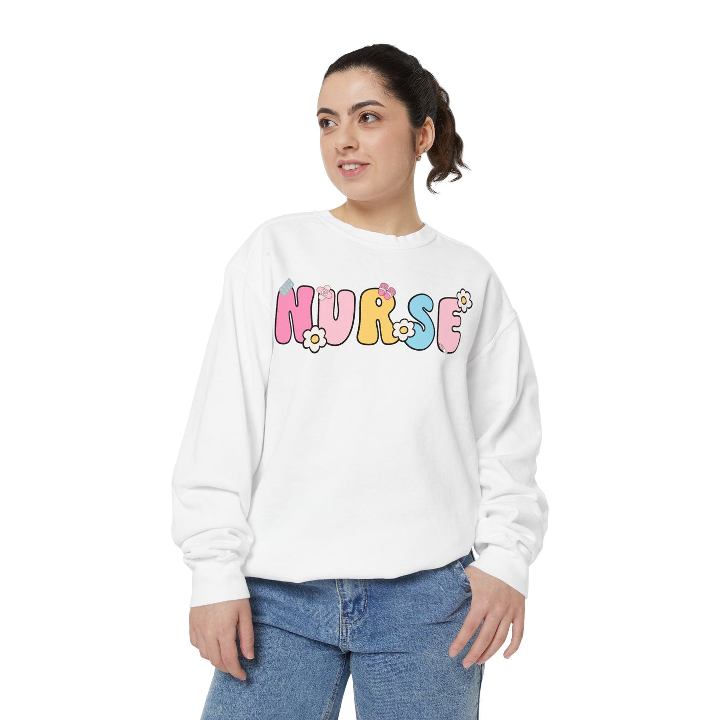 Nurse Sweatshirt, Unisex Garment-Dyed Pullover, Gift for Nurses, Cozy Medical Apparel, Flower Power Sweatshirt, Nursing School