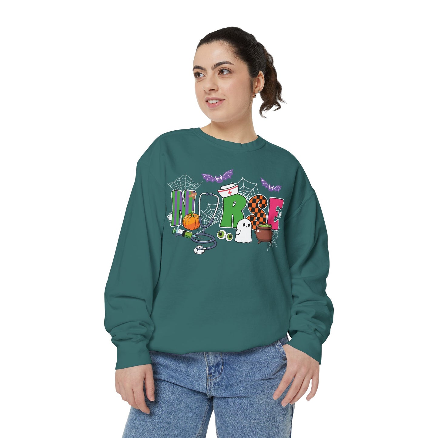 Halloween Nurse Sweatshirt, Spooky Medical Apparel, Unisex Garment-Dyed Hoodie, Nurse Gift, Fall Fashion Sweatshirt
