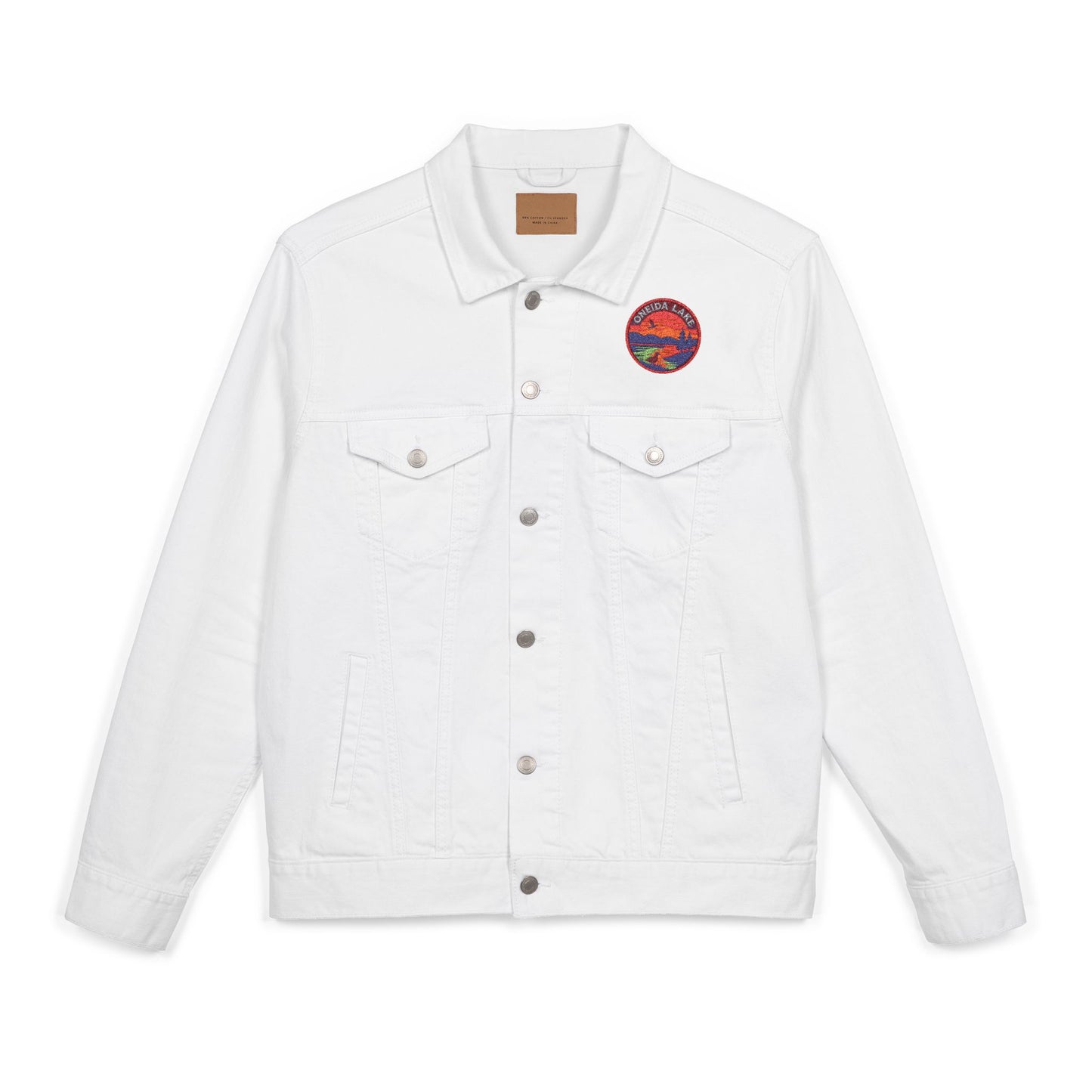Oneida Lake Unisex Embroidered Denim Jacket - Trendy Fall Fashion, Casual Layering, Everyday Wear, Stylish Gift, Unique Statement Piece