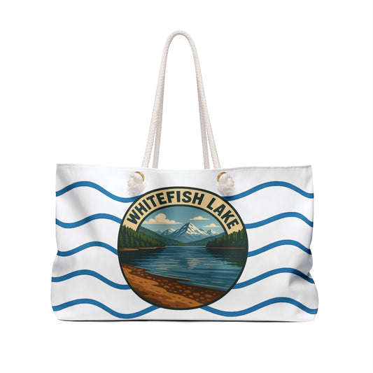Whitefish Lake Weekender Bag White | Travel Tote, Beach Bag, Vacation Essentials, Escape Bag, Lake Life Carryall