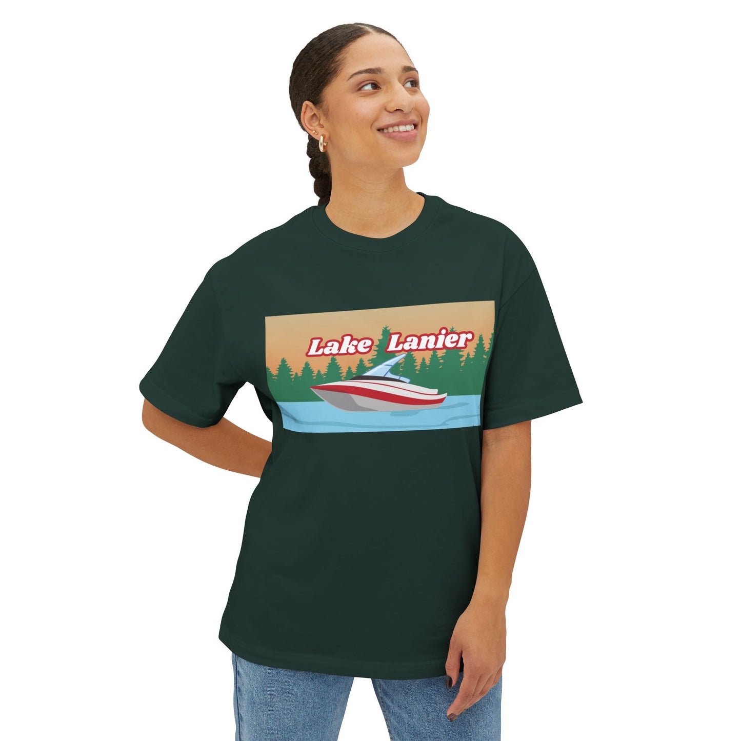 Lake Lanier Sunset Boxy Tee, Relaxed Summer Shirt, Unisex Tee, Vacation Wear, Boating Gift, Lake Life Apparel