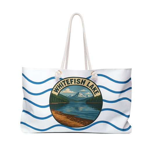 Whitefish Lake Weekender Bag White | Travel Tote, Beach Bag, Vacation Essentials, Escape Bag, Lake Life Carryall