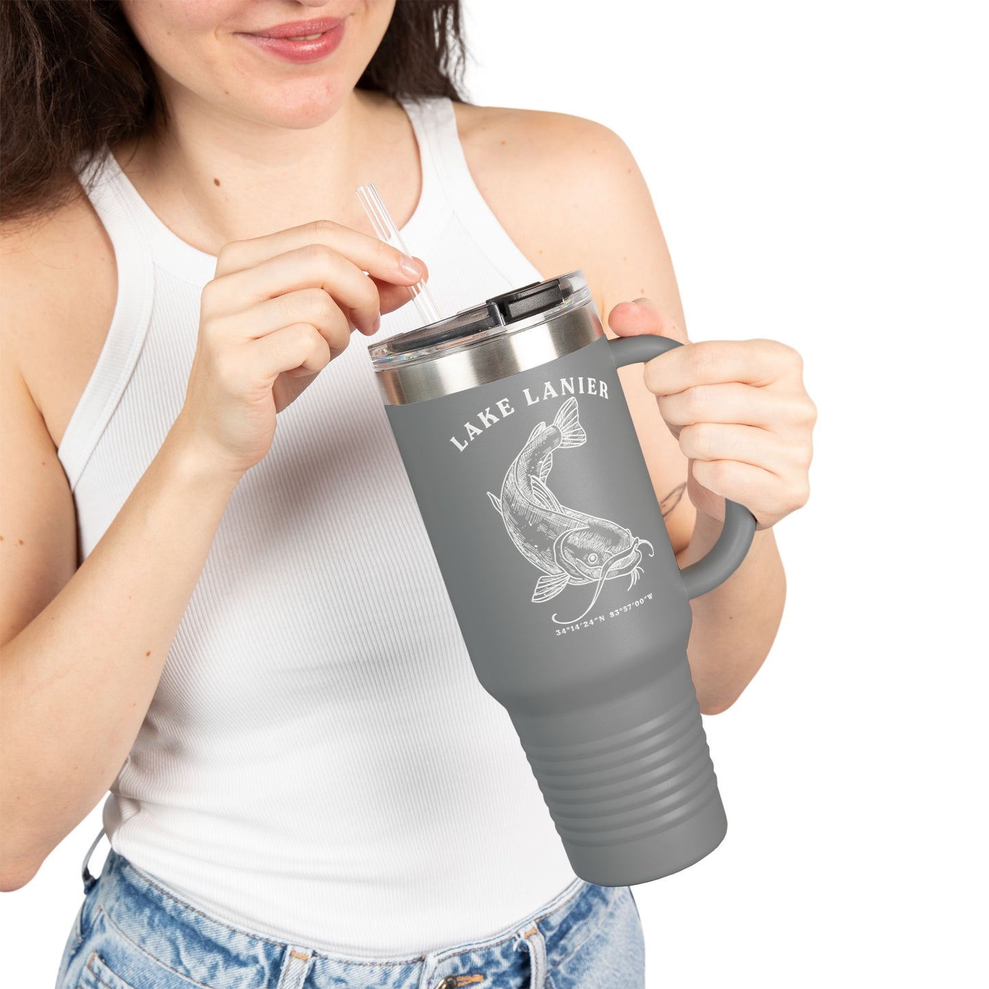 Lake Lanier Insulated Travel Mug, Summer Adventure Cup, Outdoor Coffee Tumbler, Fishing Gift, 40oz Drinkware