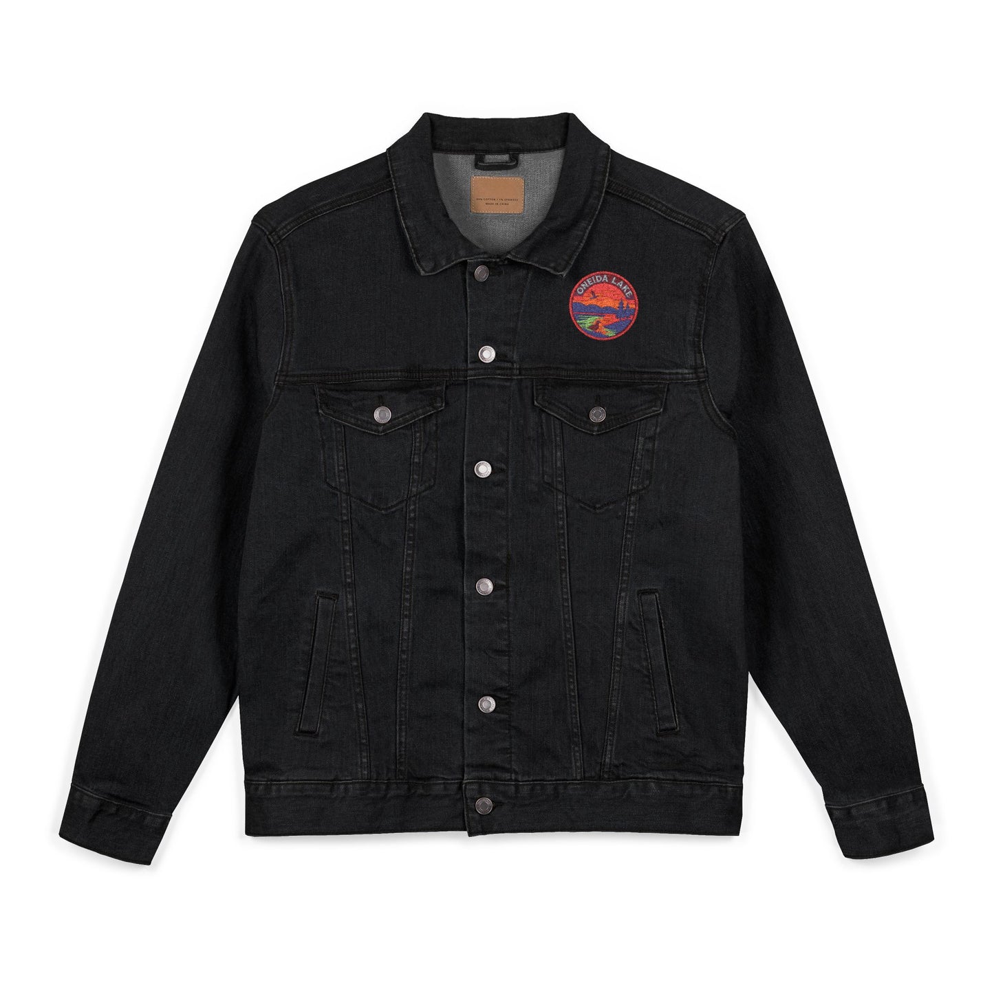 Oneida Lake Unisex Embroidered Denim Jacket - Trendy Fall Fashion, Casual Layering, Everyday Wear, Stylish Gift, Unique Statement Piece