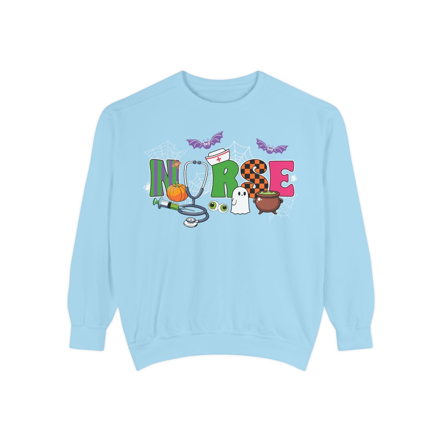 Halloween Nurse Sweatshirt, Spooky Medical Apparel, Unisex Garment-Dyed Hoodie, Nurse Gift, Fall Fashion Sweatshirt