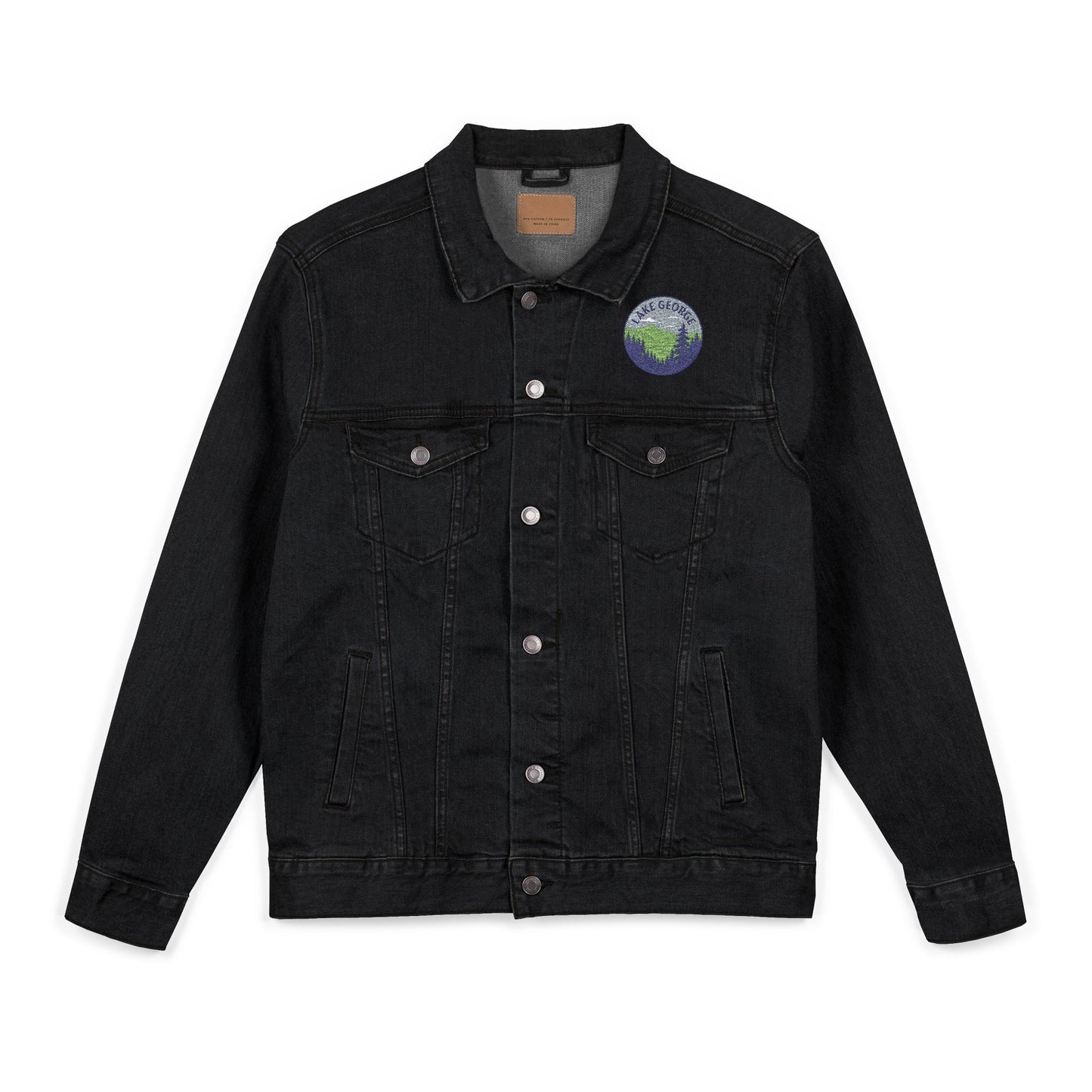 Lake George Unisex Embroidered Denim Jacket - Trendy Fall Fashion, Casual Layering, Everyday Wear, Stylish Gift, Unique Statement Piece