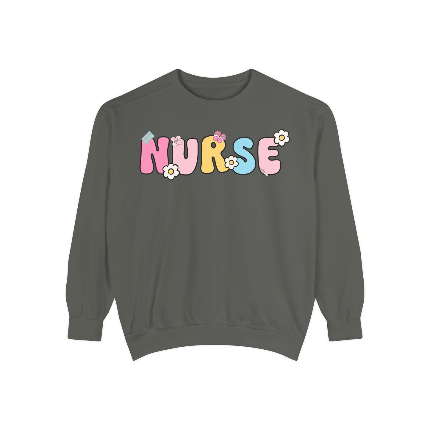Nurse Sweatshirt, Unisex Garment-Dyed Pullover, Gift for Nurses, Cozy Medical Apparel, Flower Power Sweatshirt, Nursing School