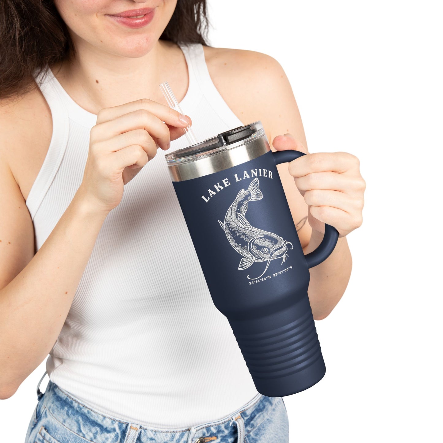 Lake Lanier Insulated Travel Mug, Summer Adventure Cup, Outdoor Coffee Tumbler, Fishing Gift, 40oz Drinkware