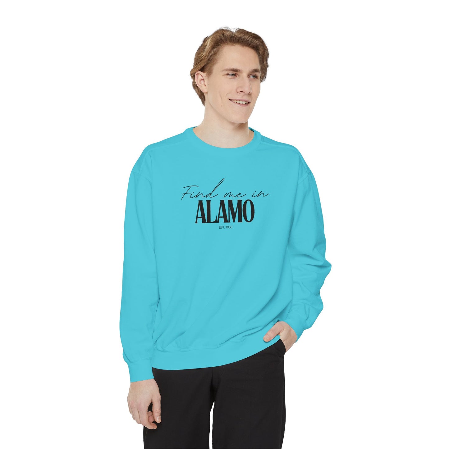 Alamo Cozy Sweatshirt, Unisex Garment-Dyed Crew, Casual Wear, Gift for Friends, Fall Fashion, Lounge Style