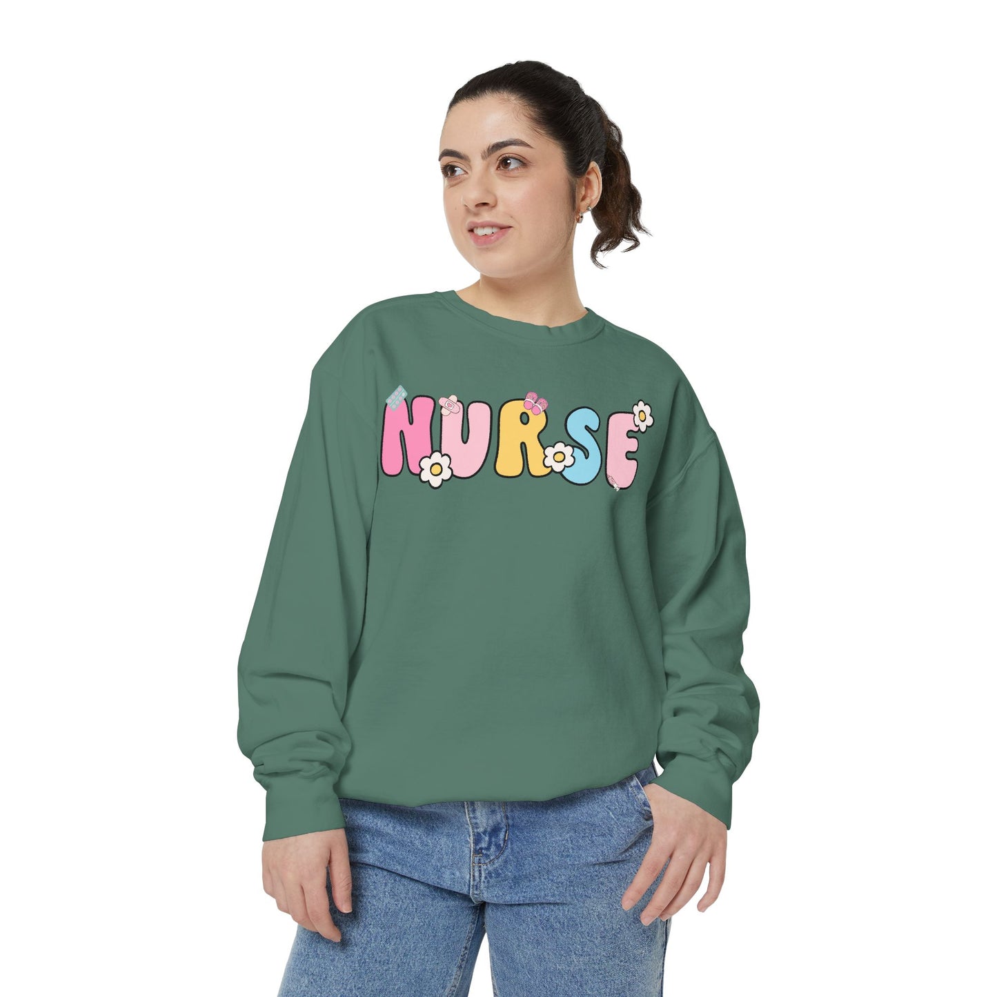 Nurse Sweatshirt, Unisex Garment-Dyed Pullover, Gift for Nurses, Cozy Medical Apparel, Flower Power Sweatshirt, Nursing School