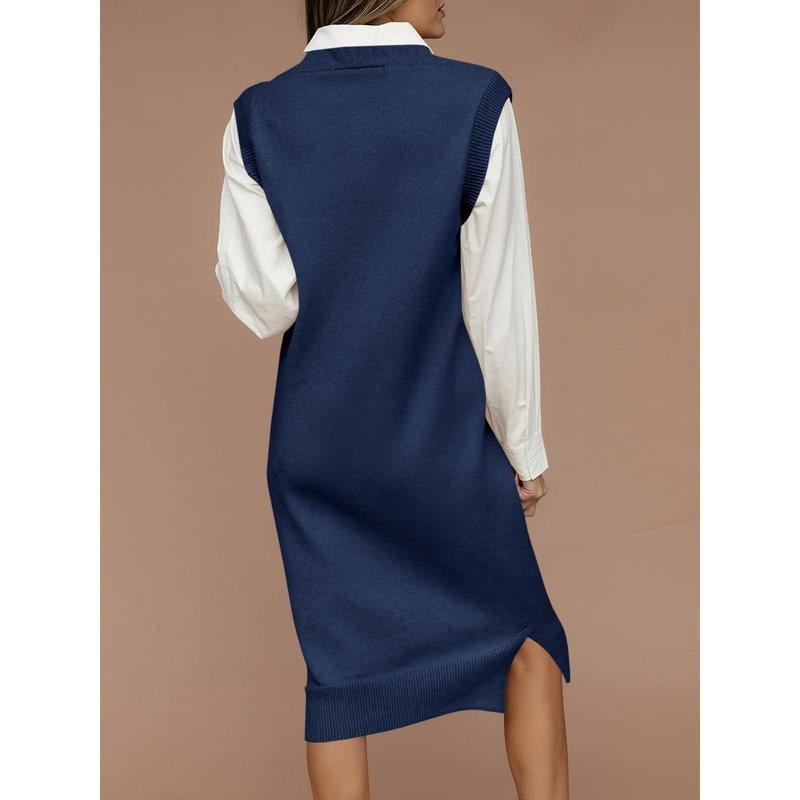 Lannew Womens Sleeveless Sweater Vest Dress Casual Chunky Knit V Neck Loose Slit Fall Tank Midi Dresses