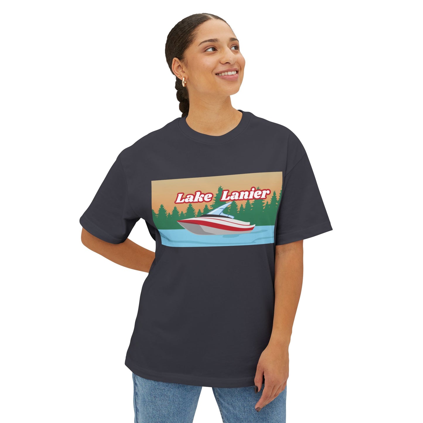 Lake Lanier Sunset Boxy Tee, Relaxed Summer Shirt, Unisex Tee, Vacation Wear, Boating Gift, Lake Life Apparel