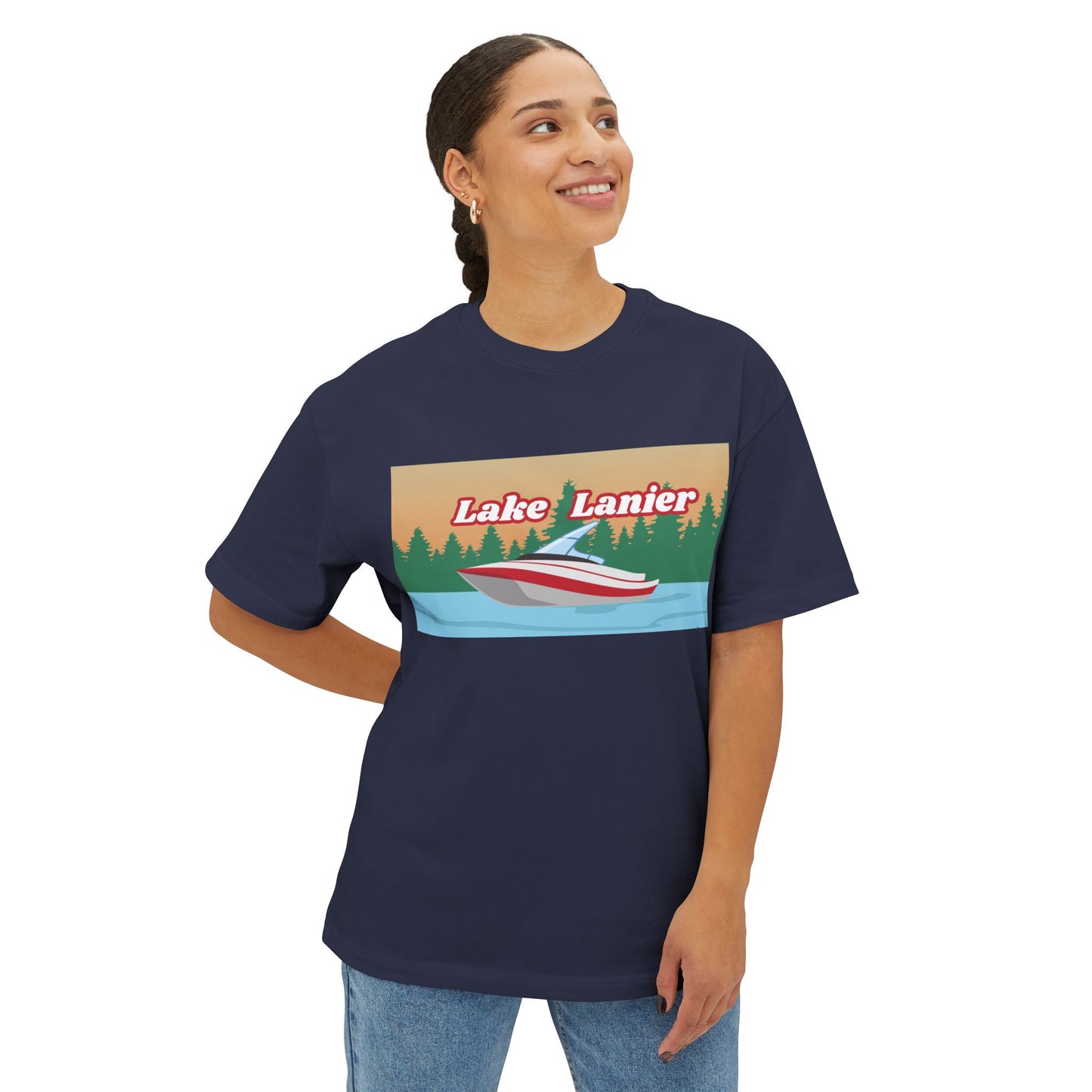 Lake Lanier Sunset Boxy Tee, Relaxed Summer Shirt, Unisex Tee, Vacation Wear, Boating Gift, Lake Life Apparel