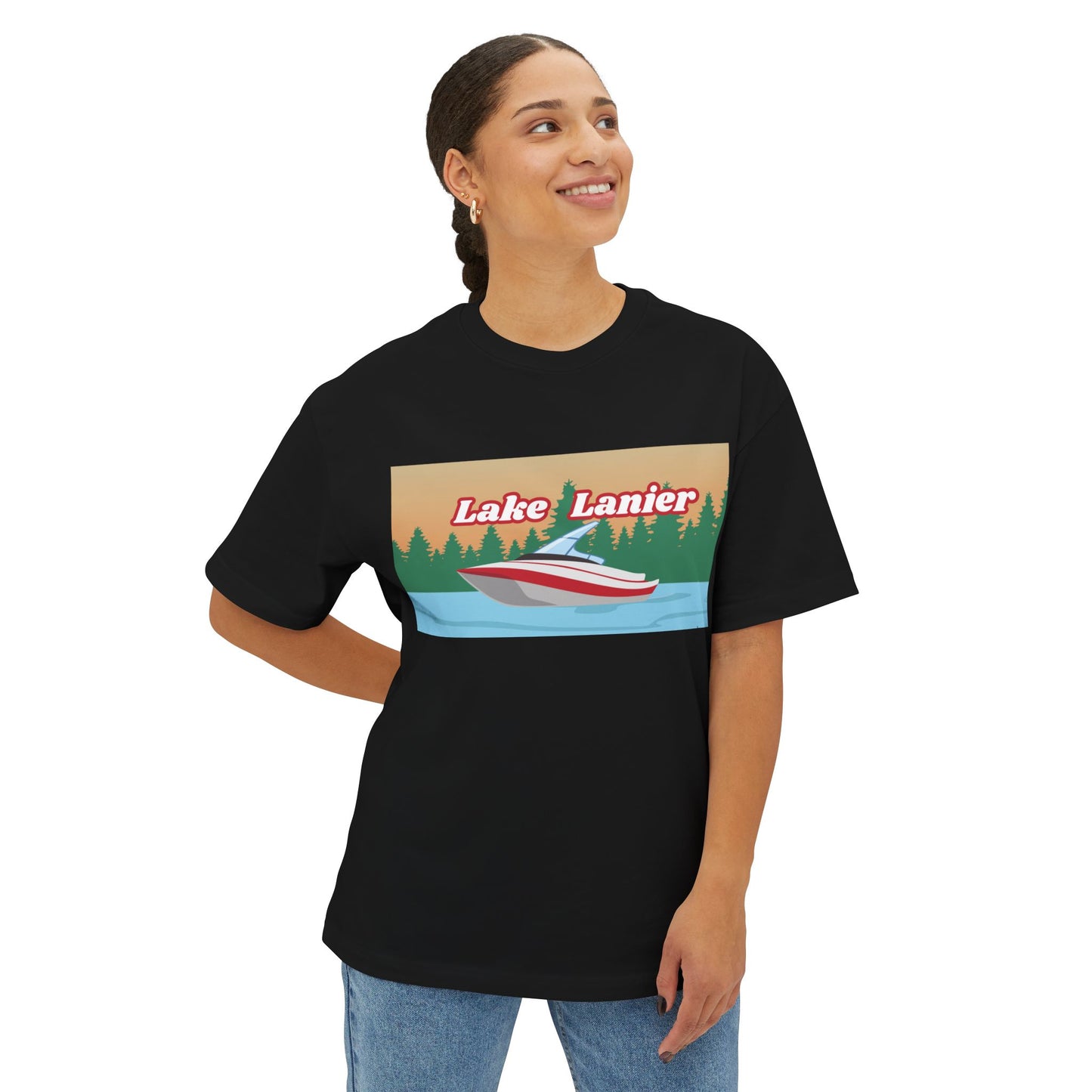 Lake Lanier Sunset Boxy Tee, Relaxed Summer Shirt, Unisex Tee, Vacation Wear, Boating Gift, Lake Life Apparel